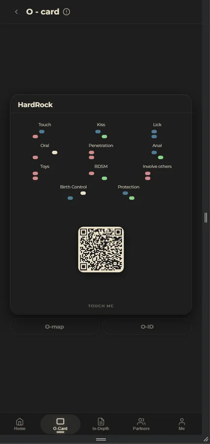 O-Card back with quick preference answers and a personal QR code for mutual partner connection